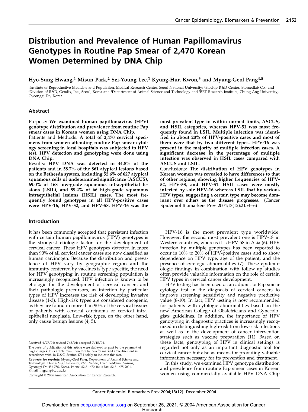 Distribution and Prevalence of Human Papillomavirus Genotypes in Routine Pap Smear of 2,470 Korean Women Determined by DNA Chip