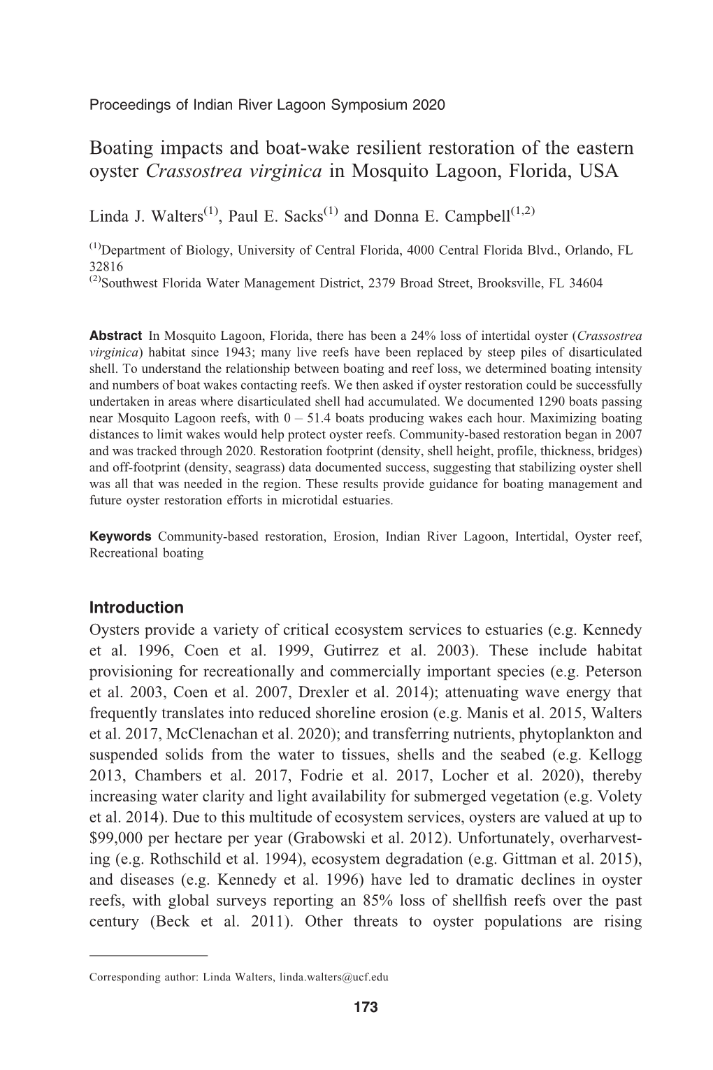 Boating Impacts and Boat-Wake Resilient Restoration of the Eastern Oyster Crassostrea Virginica in Mosquito Lagoon, Florida, USA