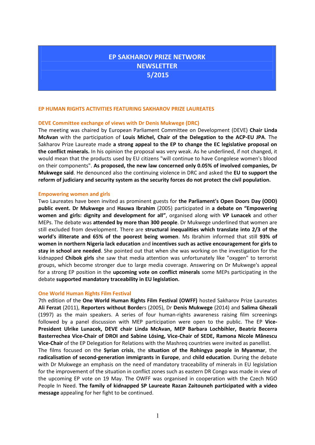 Ep Sakharov Prize Network Newsletter 5/2015