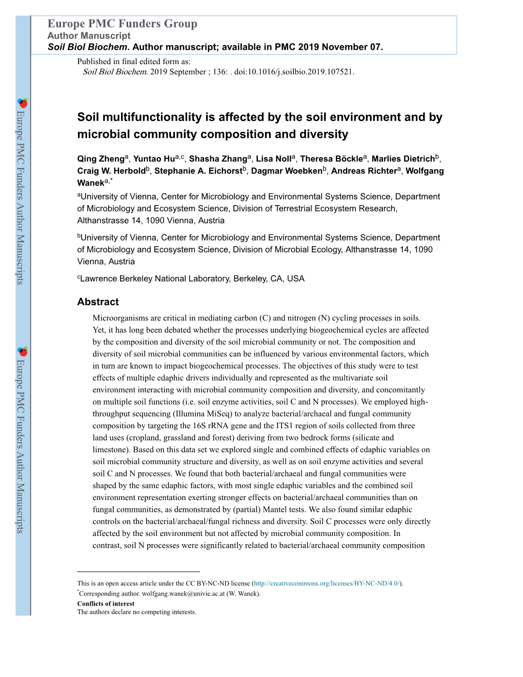 Soil Multifunctionality Is Affected by the Soil Environment and by Microbial Community Composition and Diversity