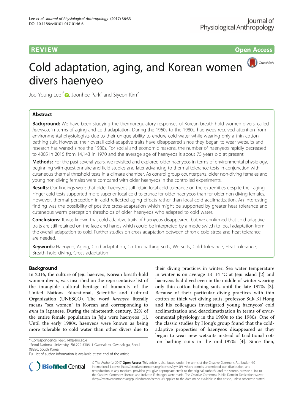 Cold Adaptation, Aging, and Korean Women Divers Haenyeo Joo-Young Lee1* , Joonhee Park2 and Siyeon Kim2