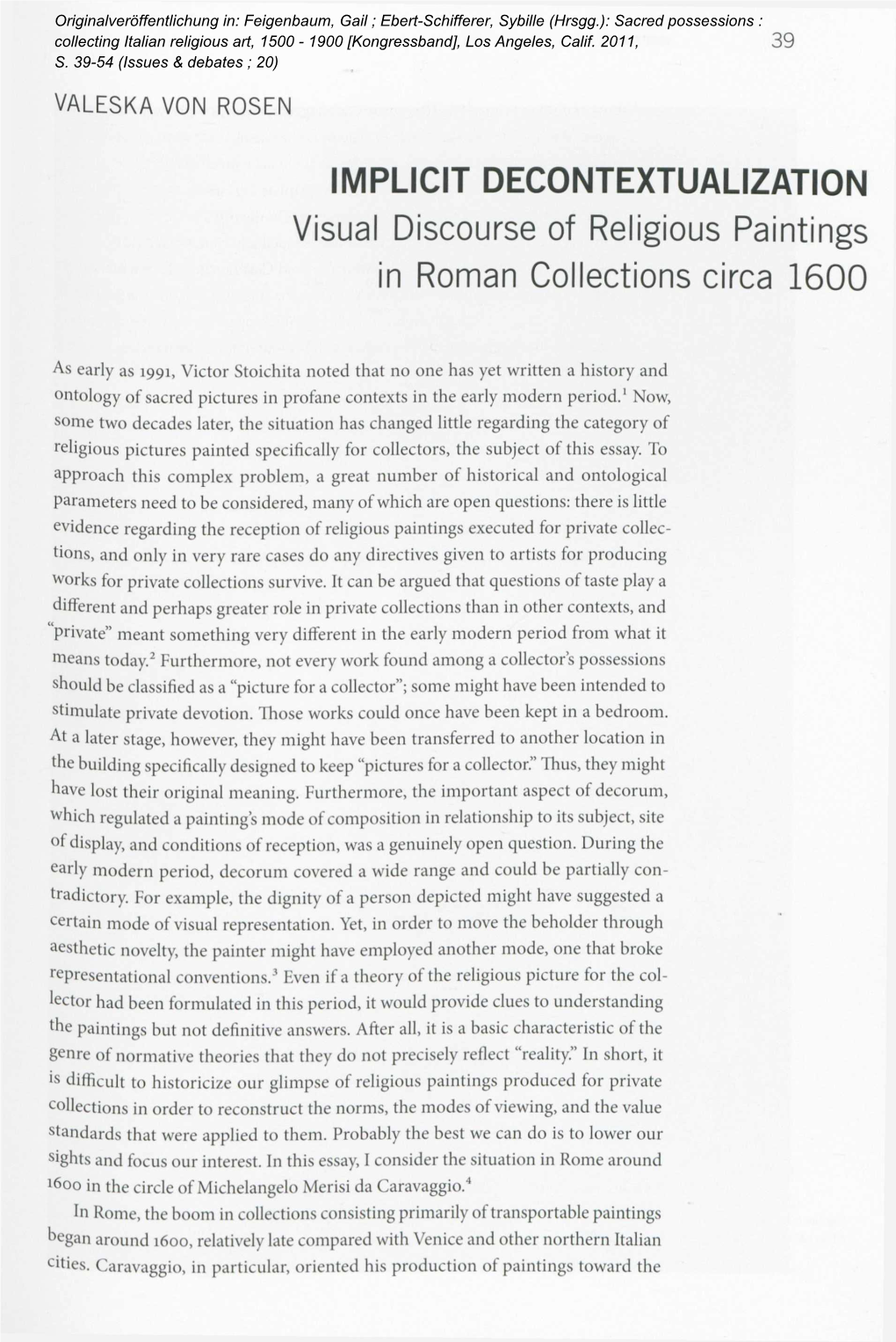 IMPLICIT DECONTEXTUALIZATION Visual Discourse of Religious Paintings in Roman Collections Circa 1600