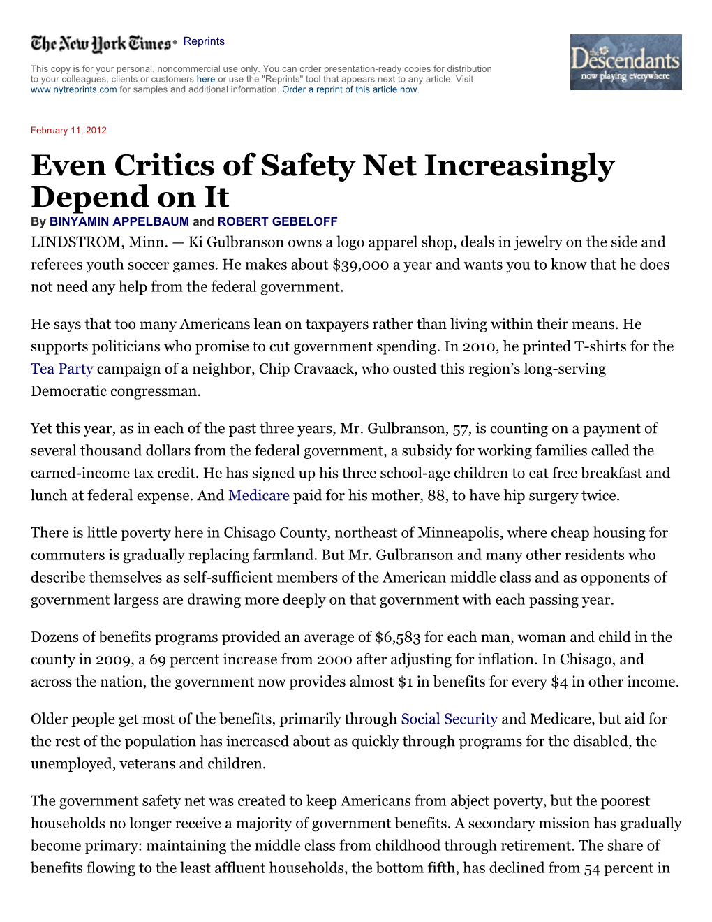 Even Critics of Safety Net Increasingly Depend on It by BINYAMIN APPELBAUM and ROBERT GEBELOFF LINDSTROM, Minn