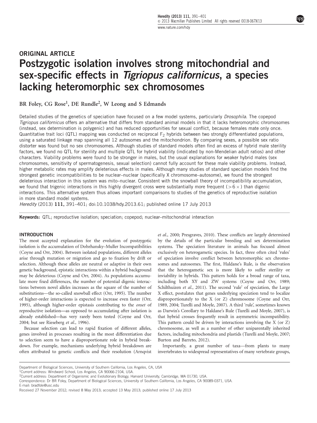 Postzygotic Isolation Involves Strong Mitochondrial and Sex-Specific