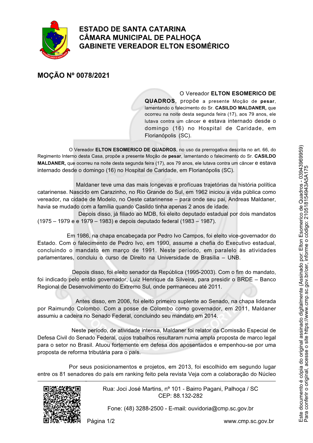 Documento Assinado Digitalmente Elton Esomérico De Quadros (PODE) Vereador