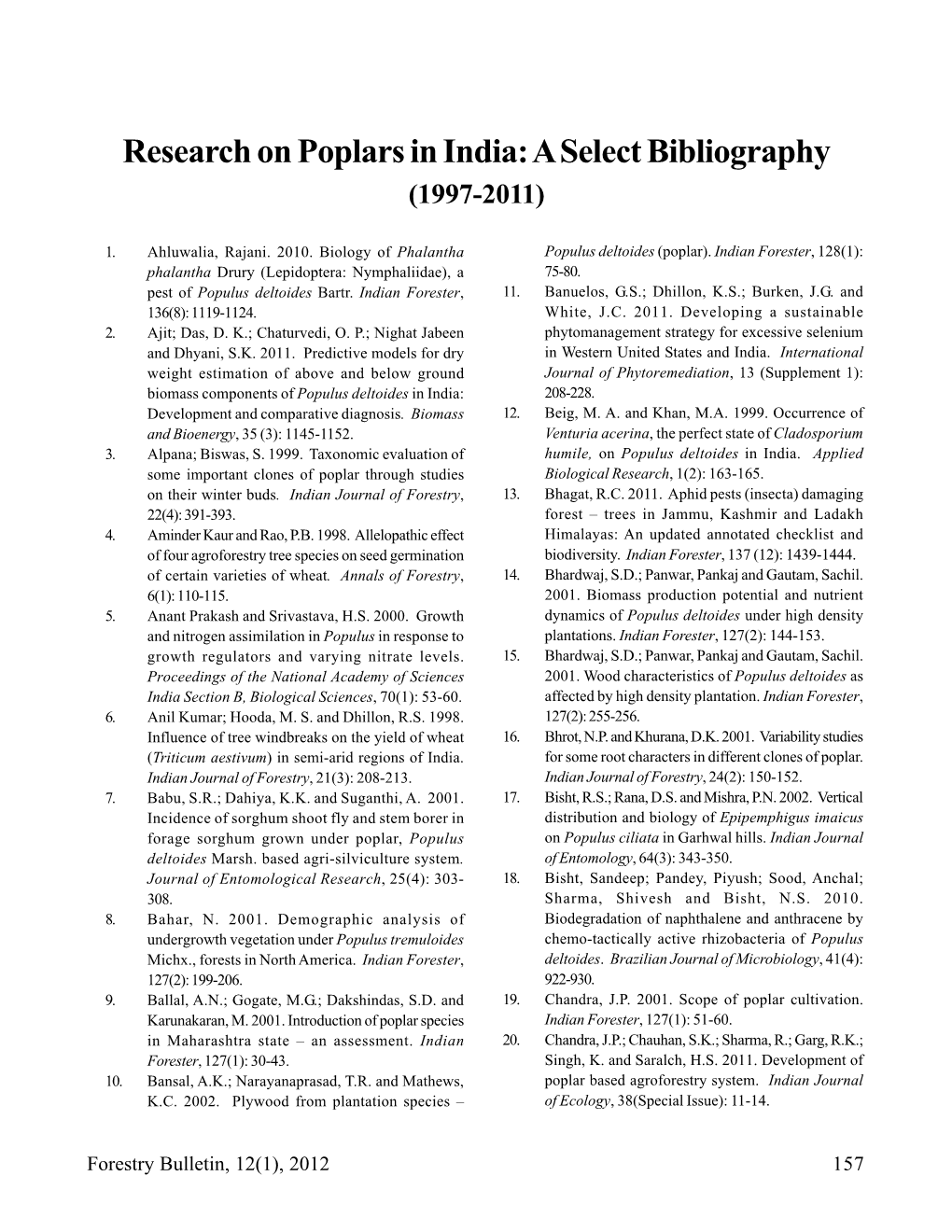 Research on Poplars in India: a Select Bibliography (1997-2011)