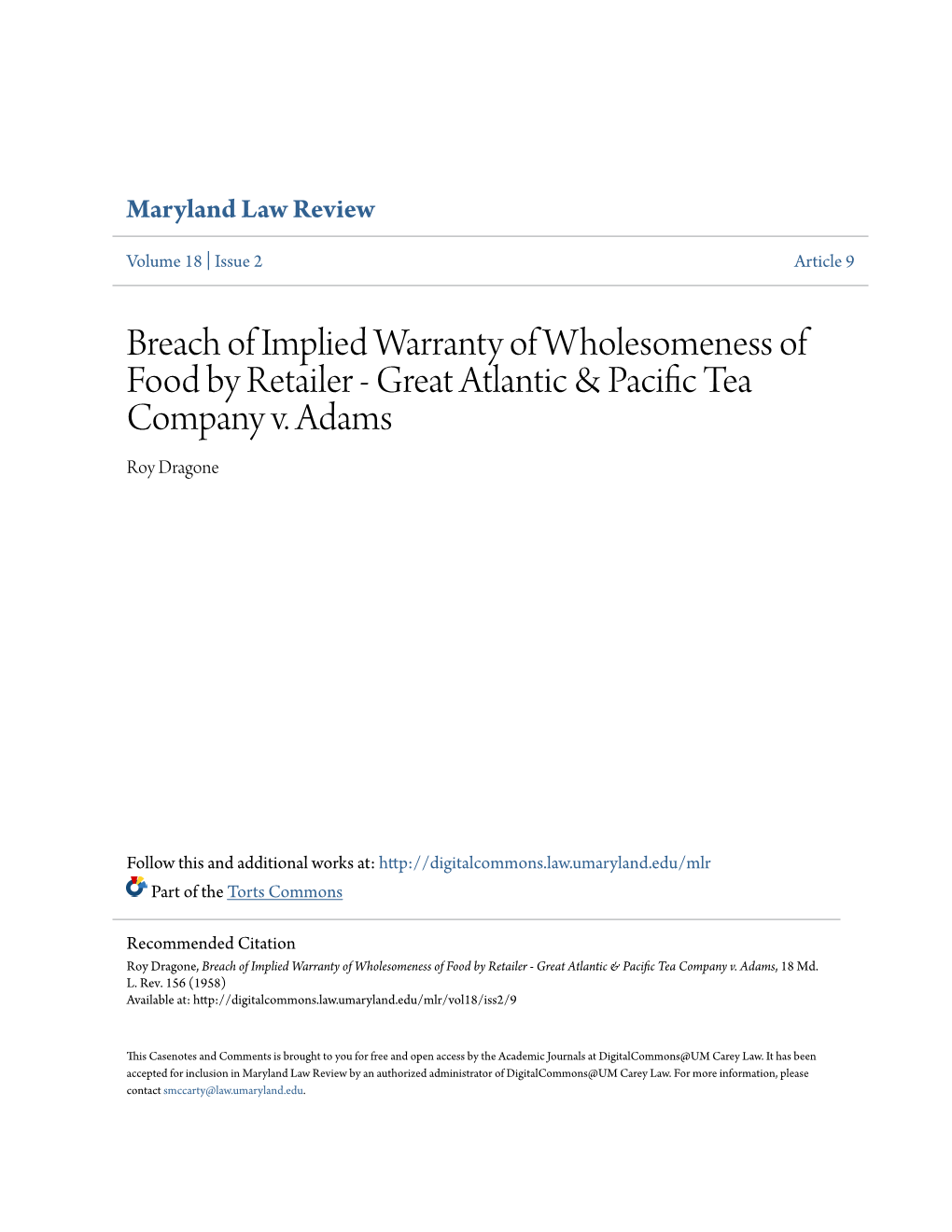 Breach of Implied Warranty of Wholesomeness of Food by Retailer - Great Atlantic & Pacific Et a Company V