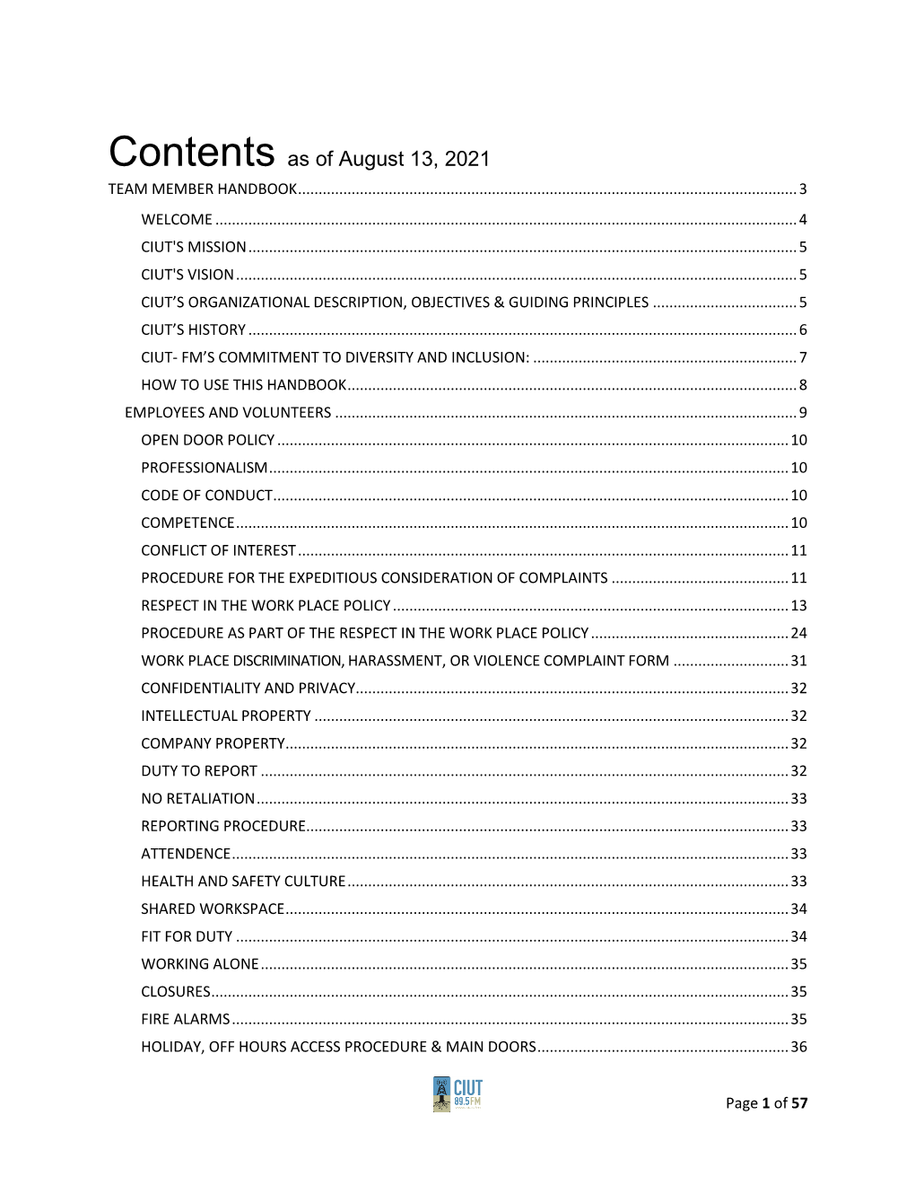 Contents As of August 13, 2021 TEAM MEMBER HANDBOOK