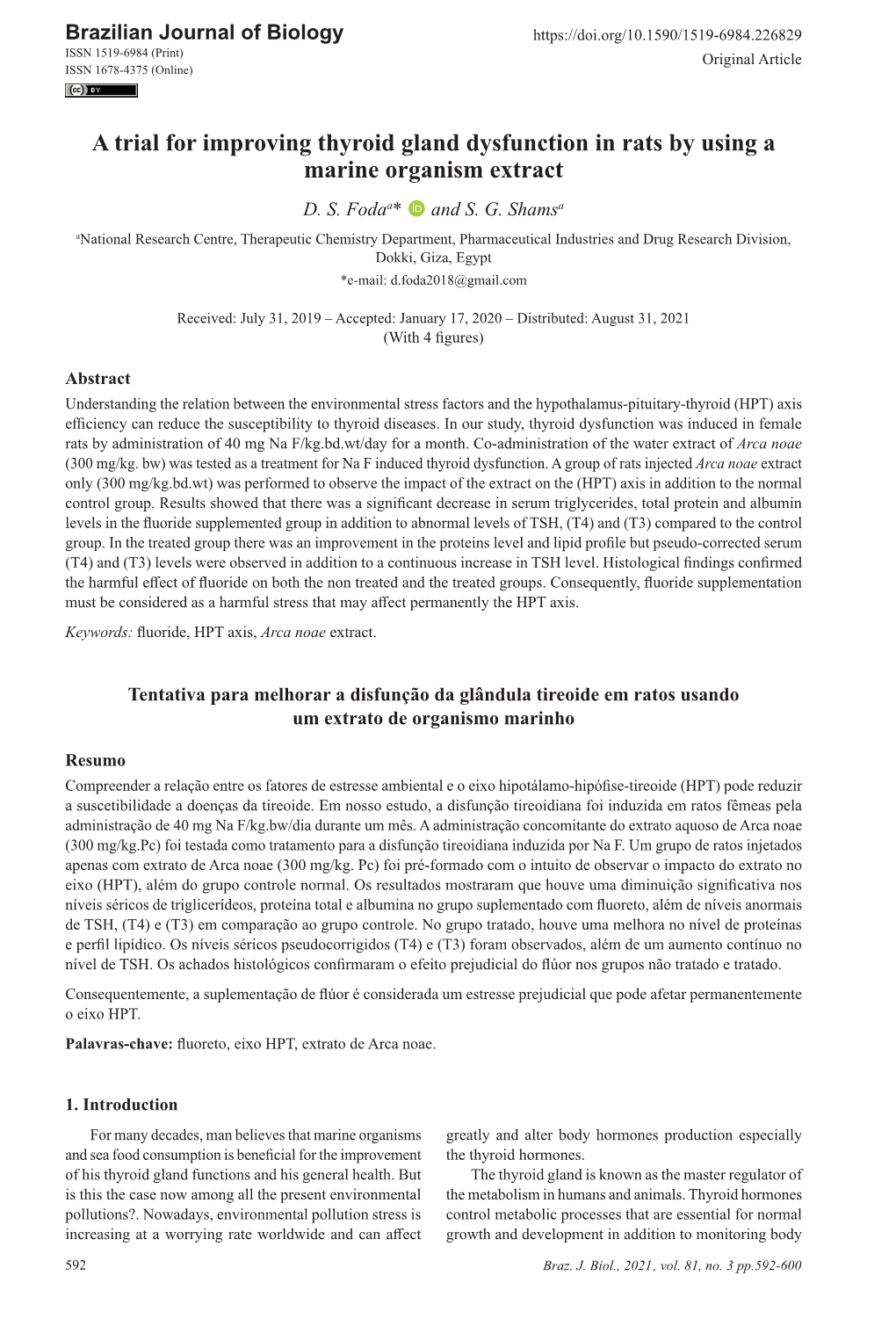 A Trial for Improving Thyroid Gland Dysfunction in Rats by Using a Marine Organism Extract D