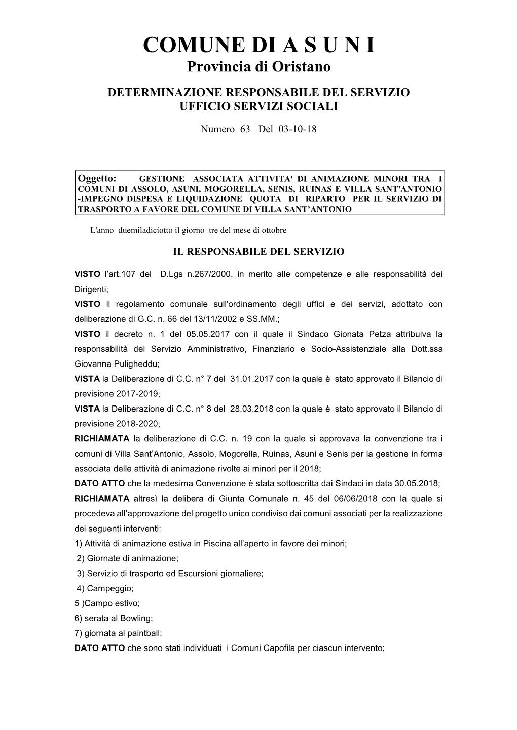 COMUNE DI ASUNI Provincia Di Oristano