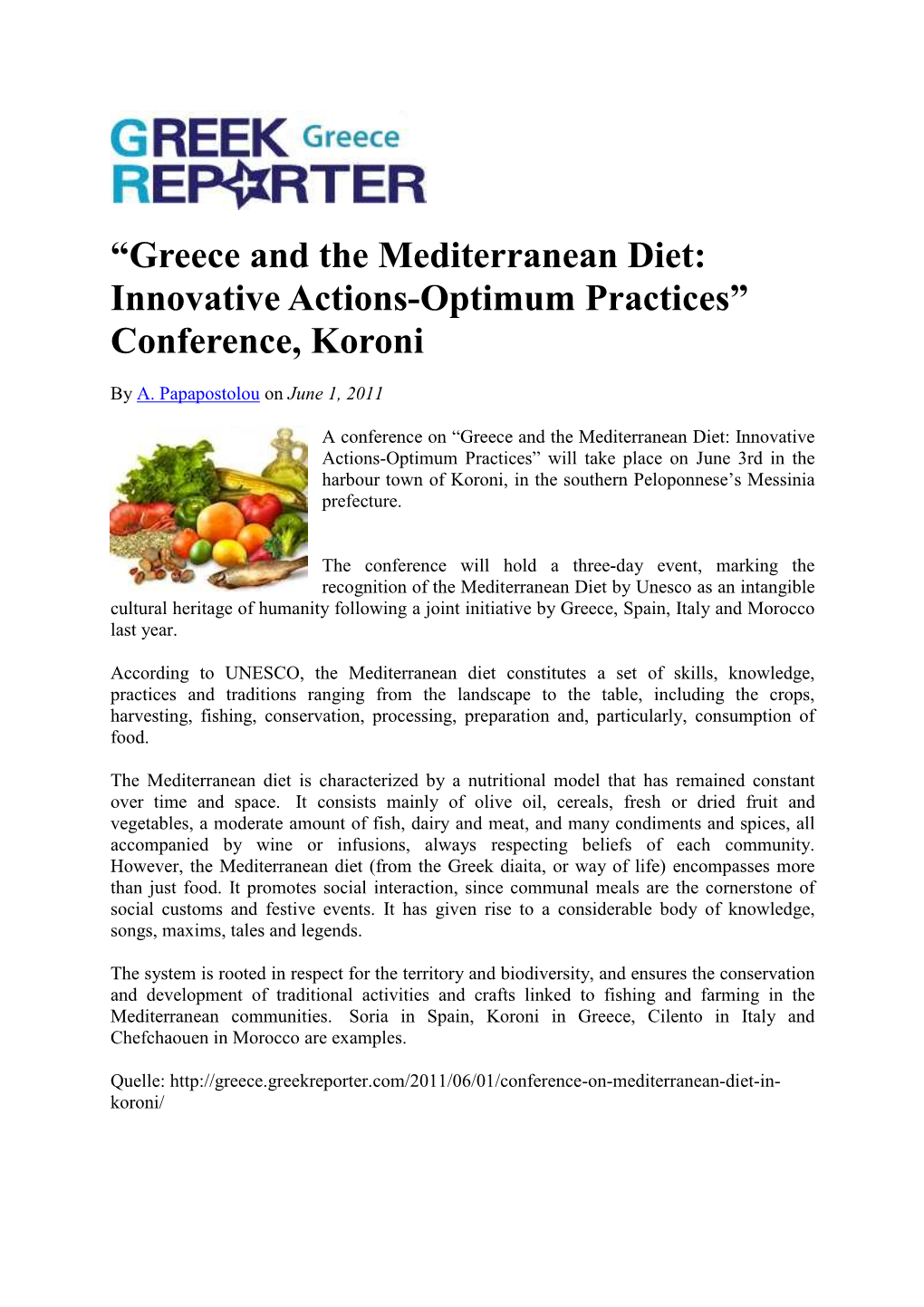 Greece and the Mediterranean Diet: Innovative Actions-Optimum Practices” Conference, Koroni