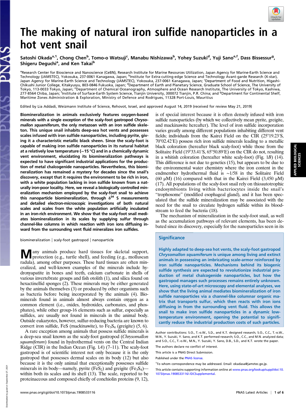 The Making of Natural Iron Sulfide Nanoparticles in a Hot Vent Snail