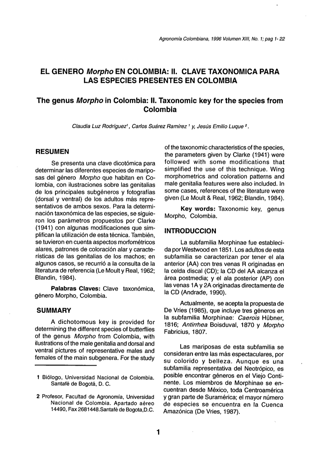 EL GENERO Morpho EN COLOMBIA: 11.CLAVE TAXONOMICA PARA