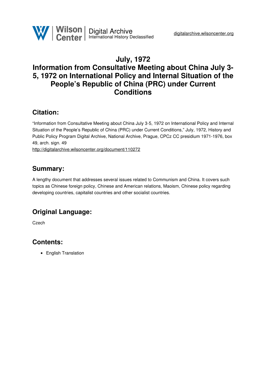 July, 1972 Information from Consultative Meeting About China