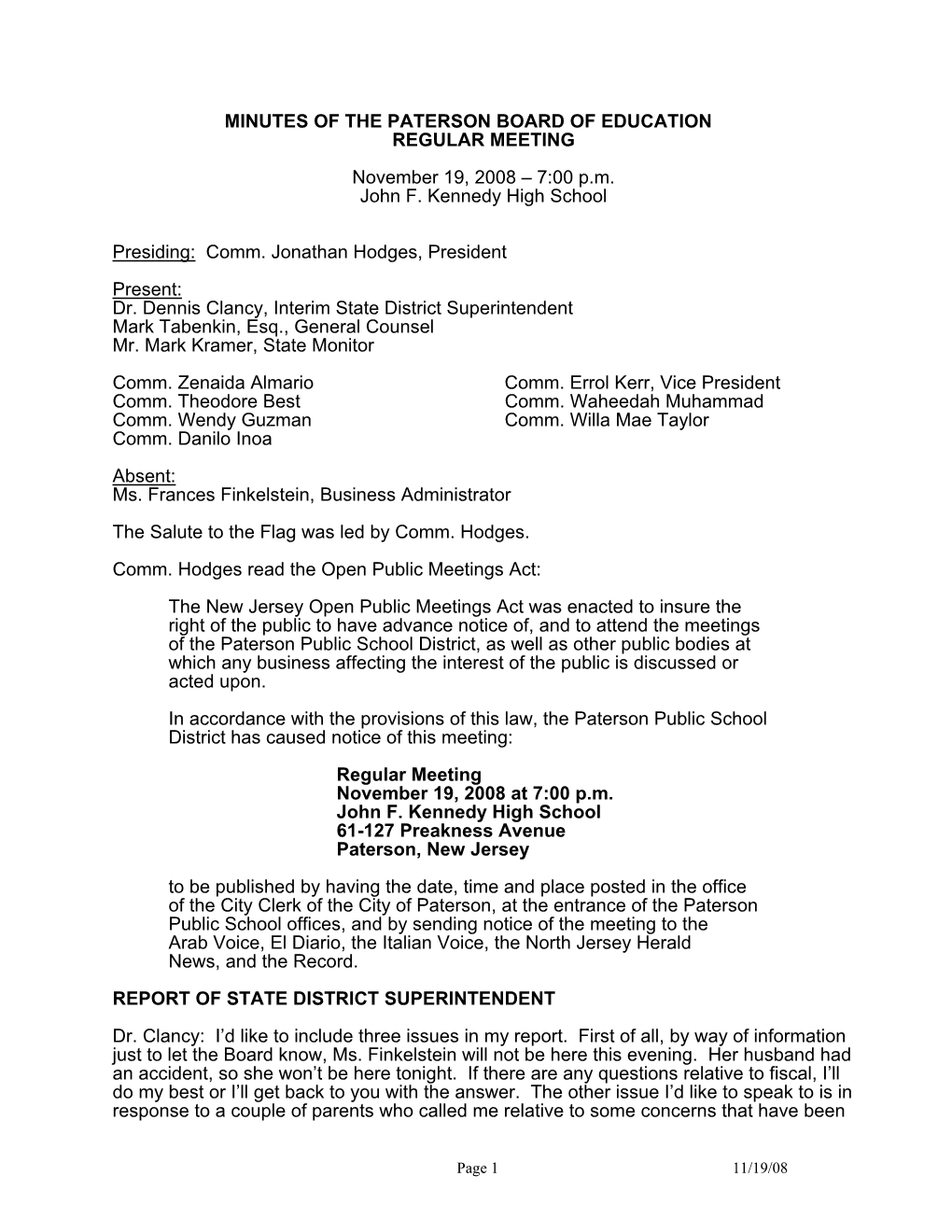 Minutes of the Paterson Board of Education Regular Meeting