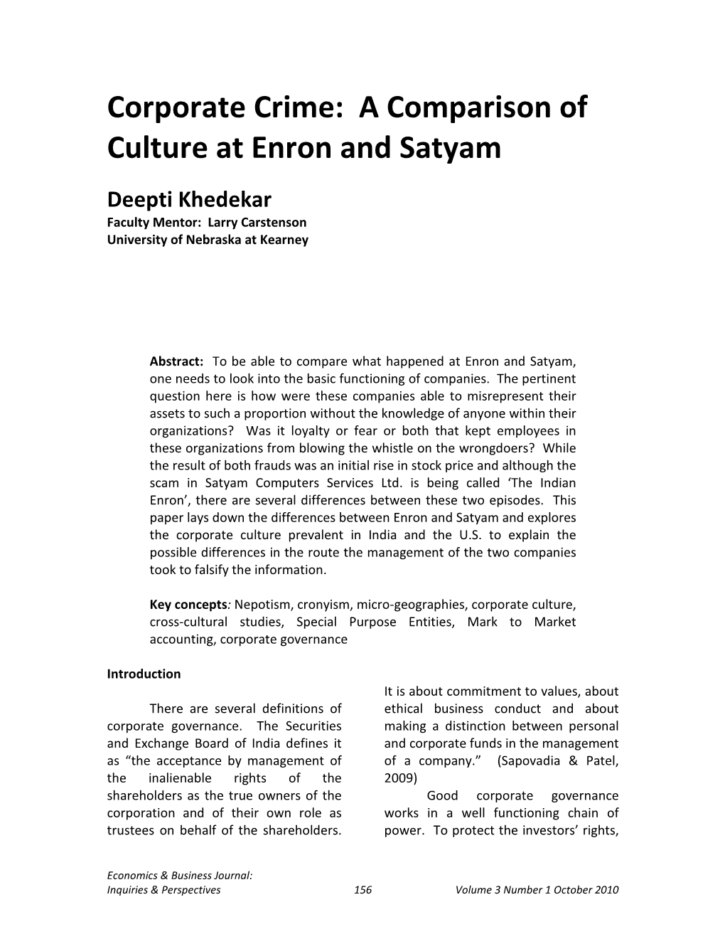 Corporate Crime: a Comparison of Culture at Enron and Satyam