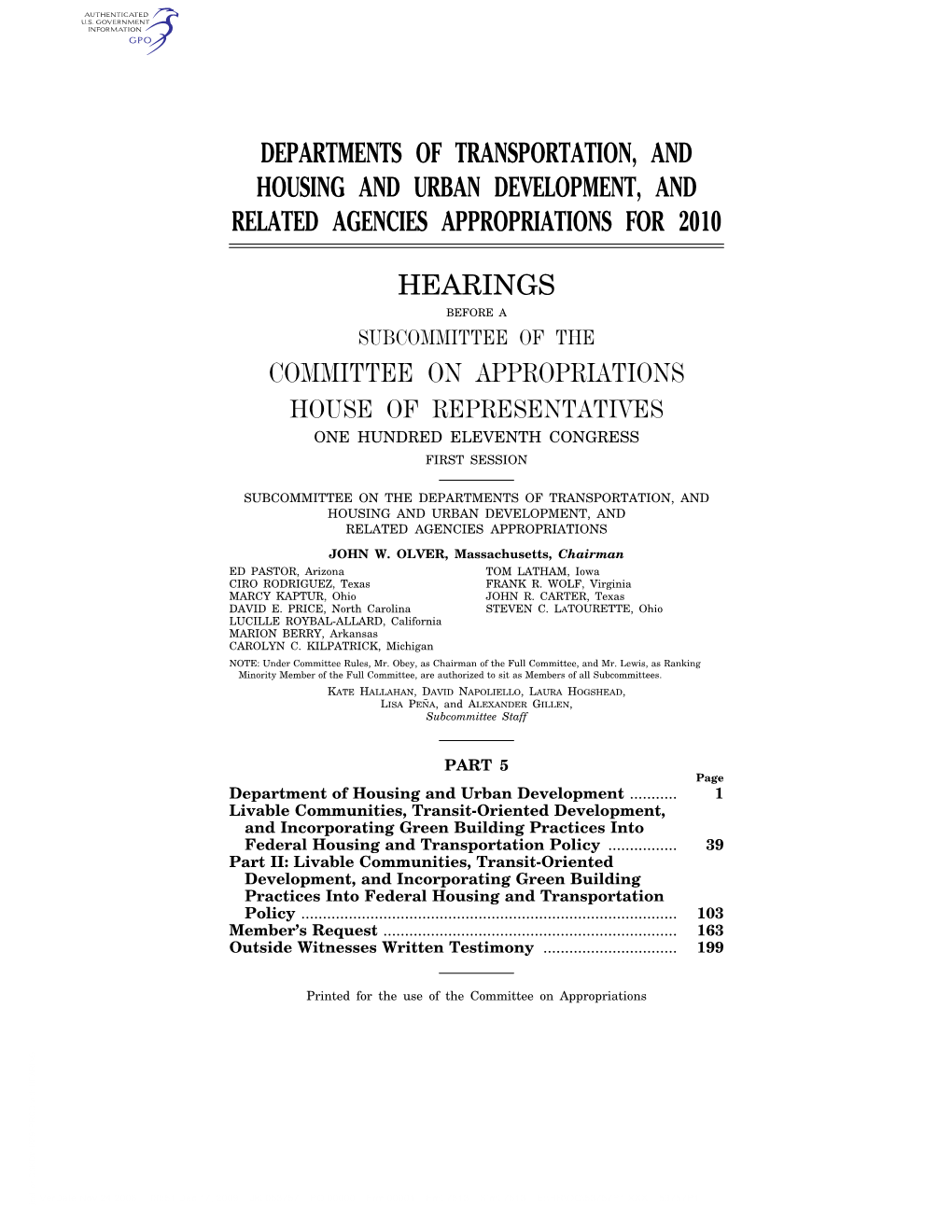 Departments of Transportation, and Housing and Urban Development, and Related Agencies Appropriations for 2010