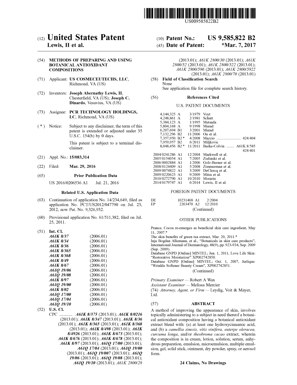 (12) United States Patent (10) Patent No.: US 9,585,822 B2 Lewis, II Et Al