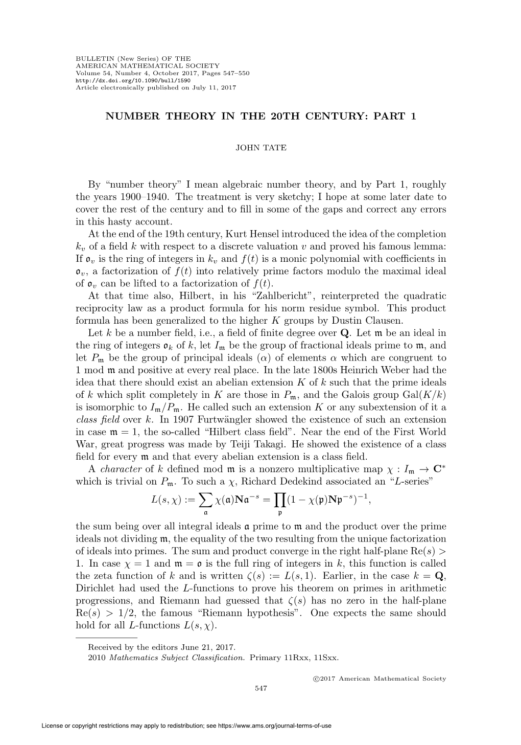 Number Theory in the 20Th Century: Part 1