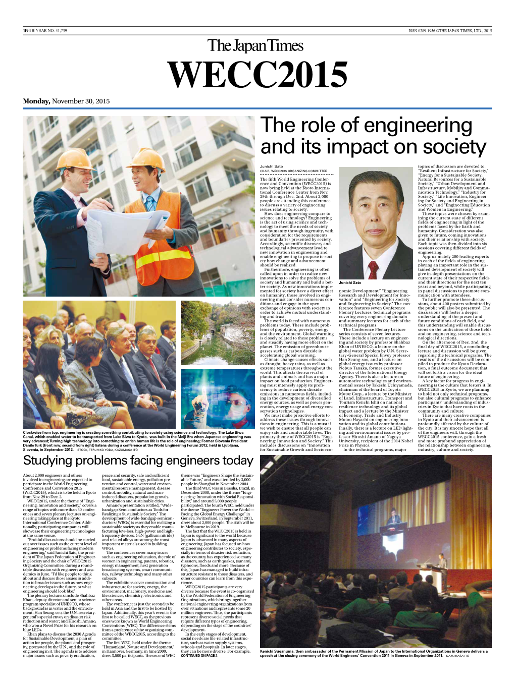 THE JAPAN TIMES, LTD., 2015 WECC2015 Monday, November 30, 2015 the Role of Engineering and Its Impact on Society