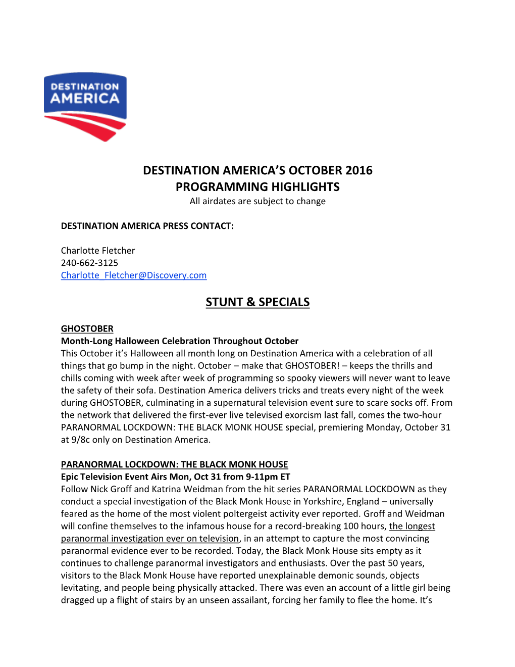 Destination America's October 2016 Programming