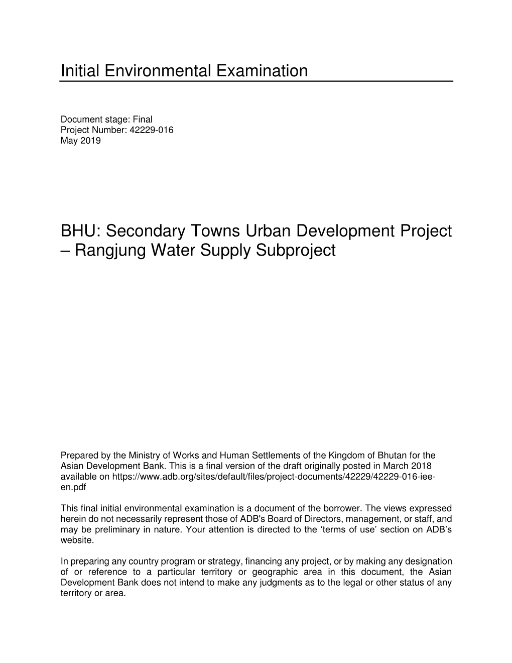 Secondary Towns Urban Development Project: Rangjung Water Supply Subproject Initial Environmental Examination