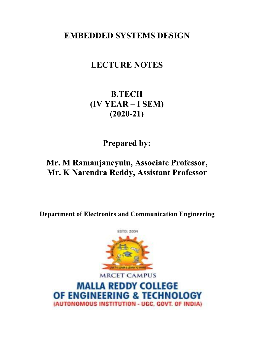 Embedded Systems Design Lecture Notes B.Tech