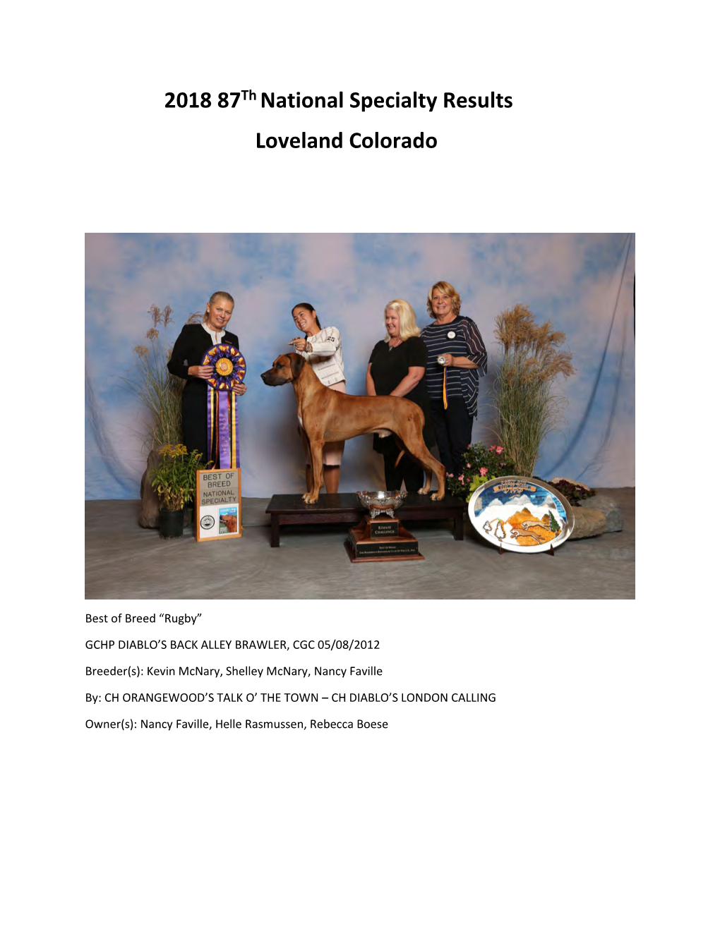 2018 87Th National Specialty Results Loveland Colorado