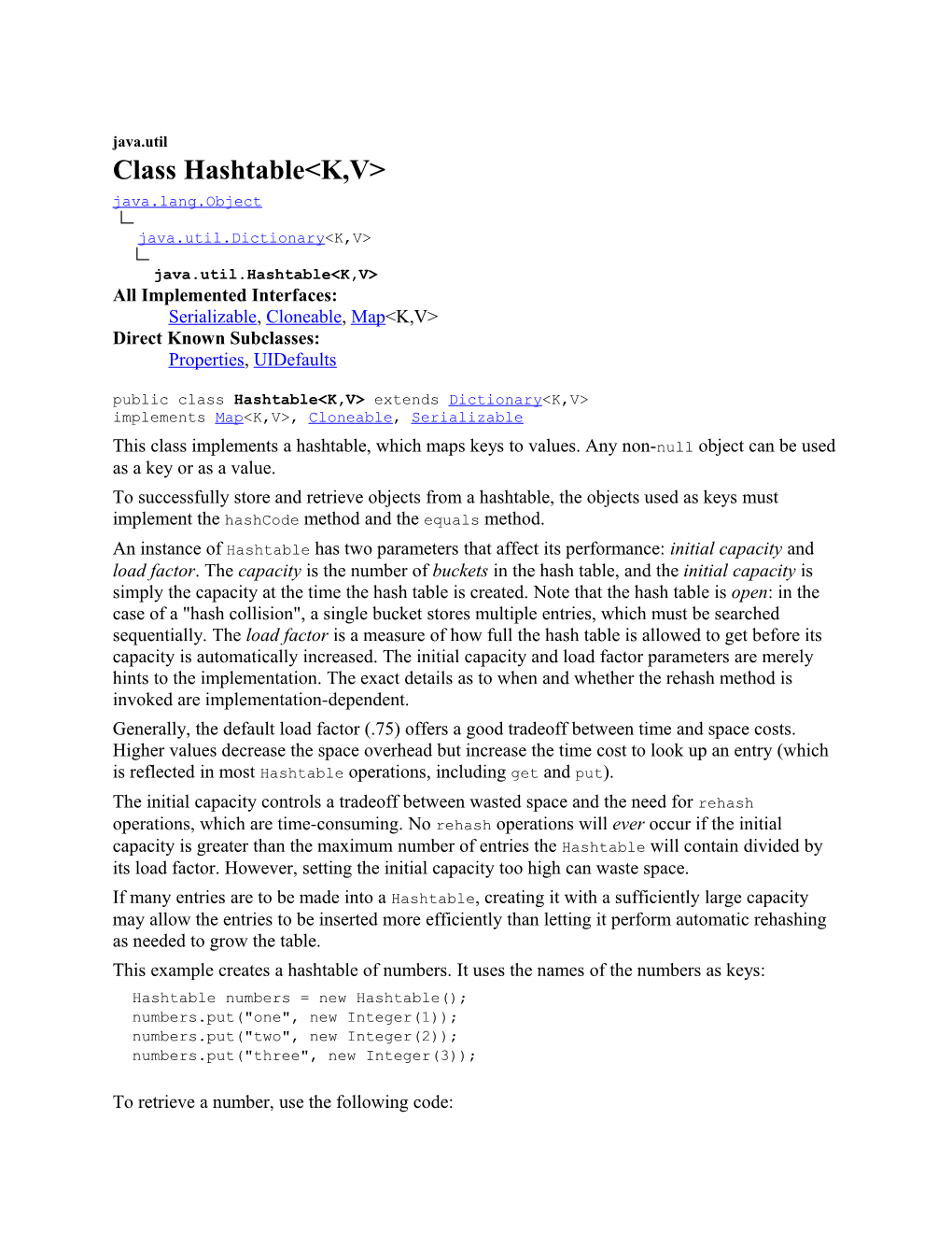 Java.Util Class Hashtable<K,V>