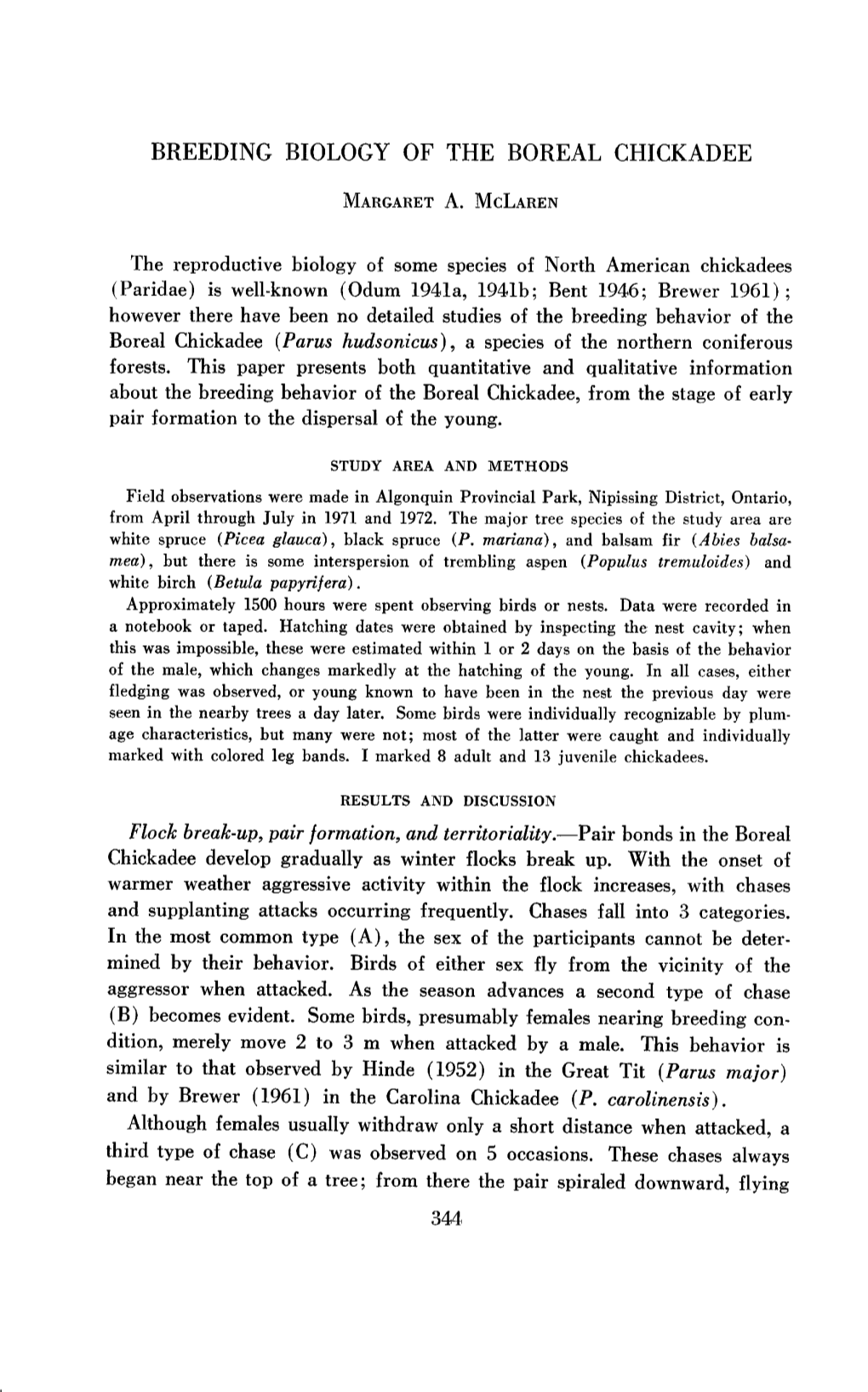 Breeding Biology of the Boreal Chickadee