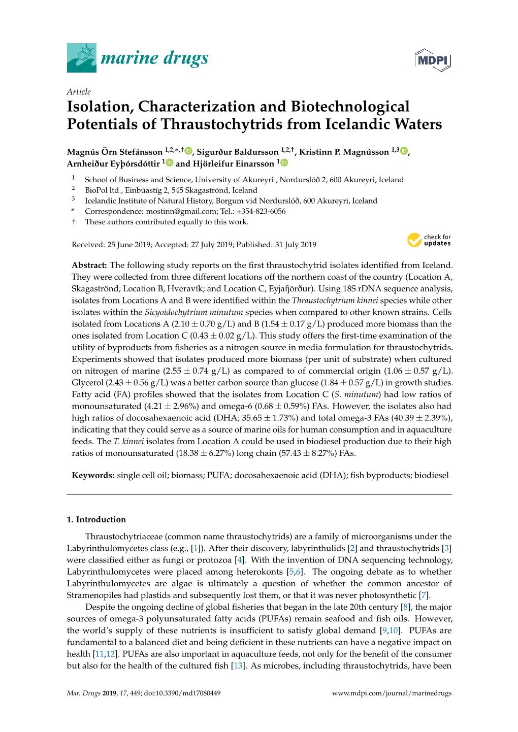 Isolation, Characterization and Biotechnological Potentials of Thraustochytrids from Icelandic Waters