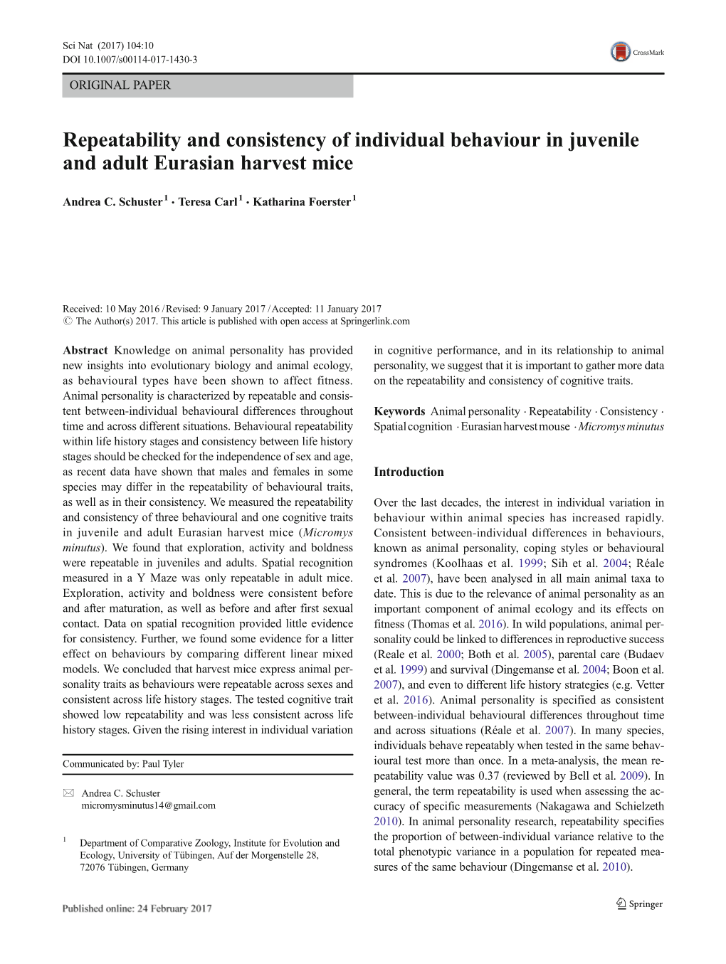 Repeatability and Consistency of Individual Behaviour in Juvenile and Adult Eurasian Harvest Mice