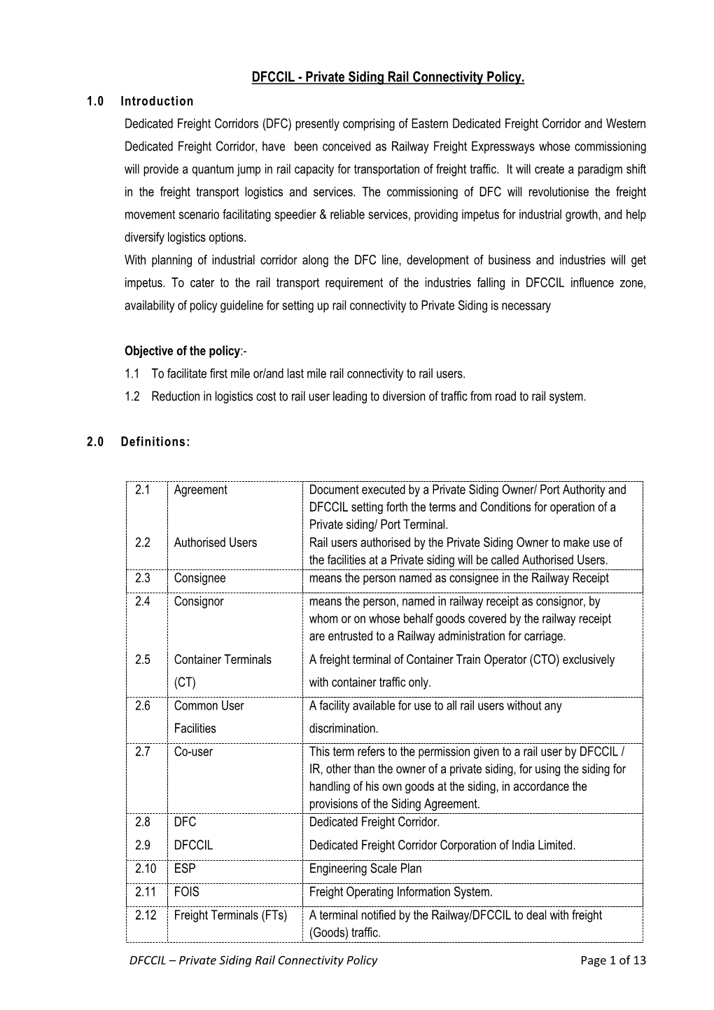 Private Siding Rail Connectivity Policy