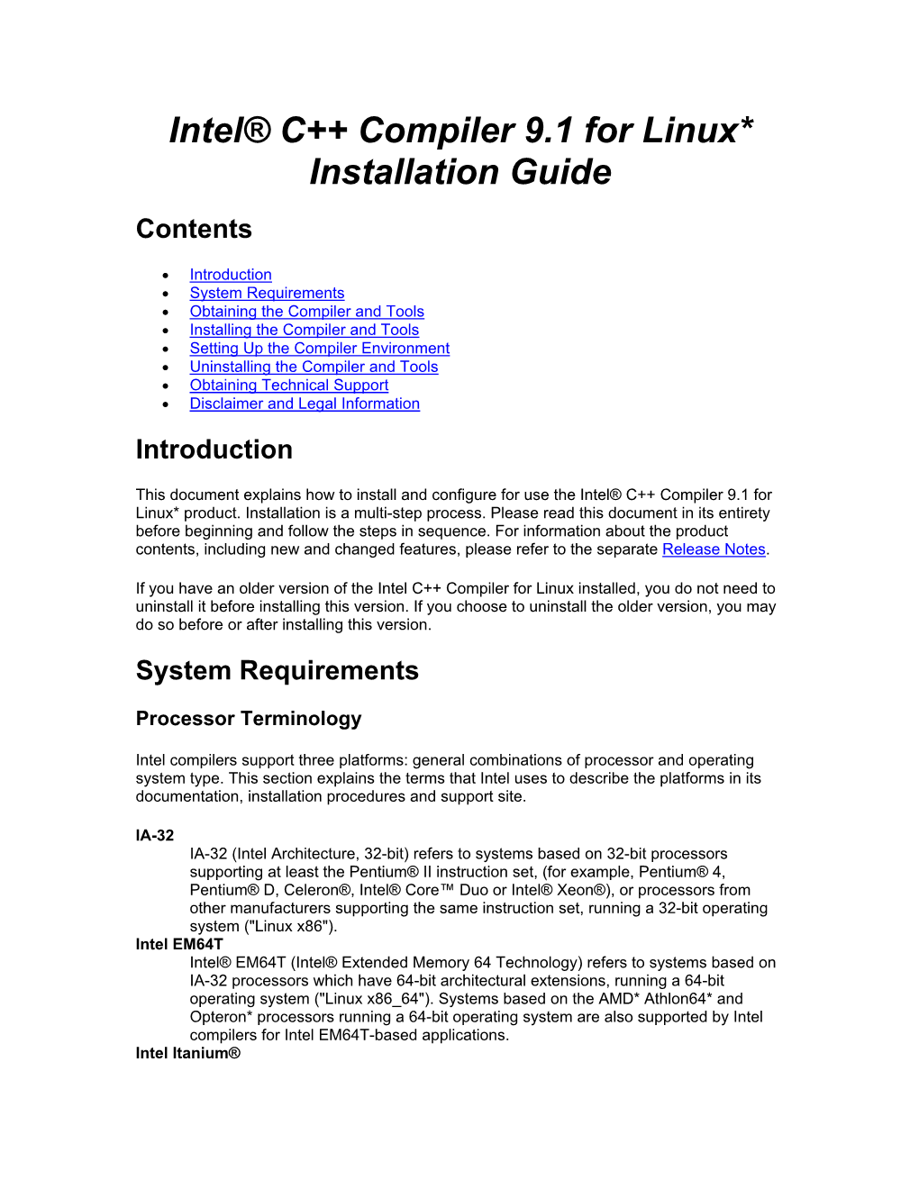 Intel® C++ Compiler 9.1 for Linux* Installation Guide Contents