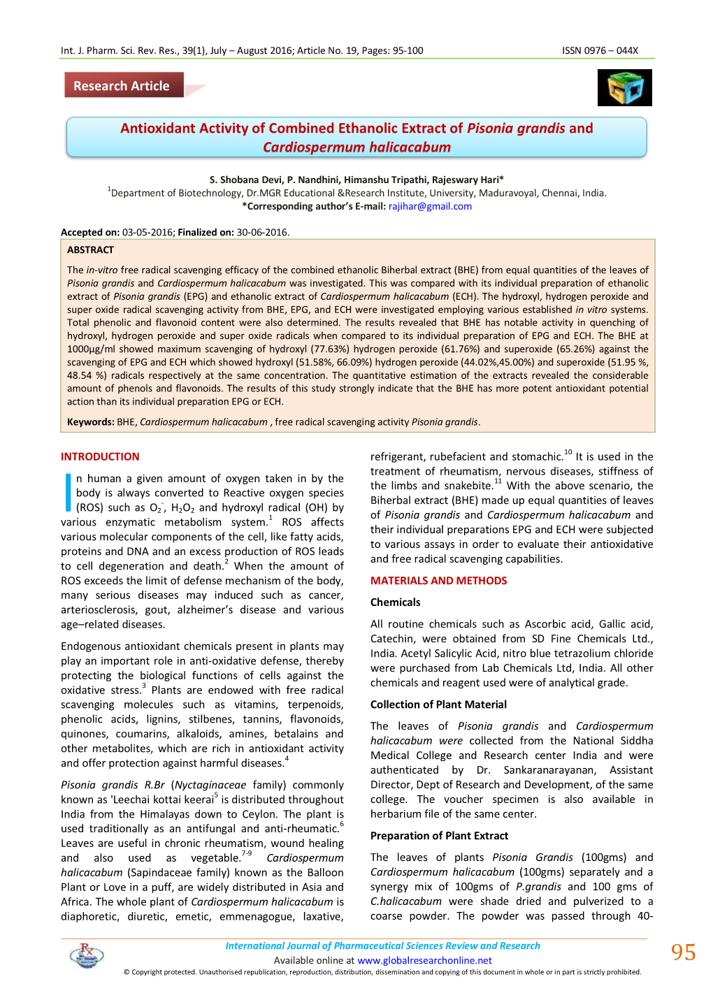 Antioxidant Activity of Combined Ethanolic Extract of Pisonia Grandis and Cardiospermum Halicacabum