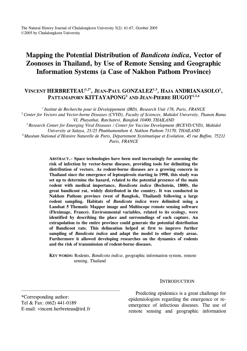 Mapping the Potential Distribution of Bandicota Indica, Vector Of