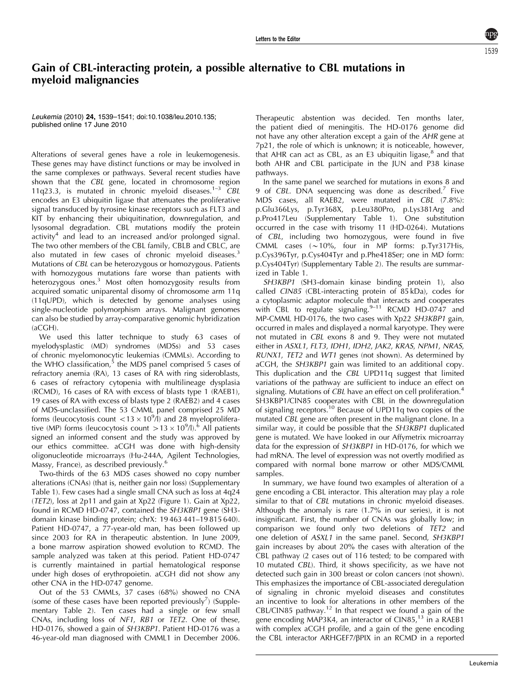 Gain of CBL-Interacting Protein, a Possible Alternative to CBL Mutations in Myeloid Malignancies