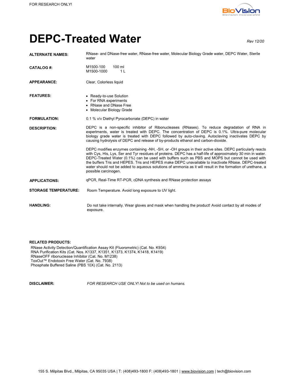 DEPC-Treated Water Rev 12/20