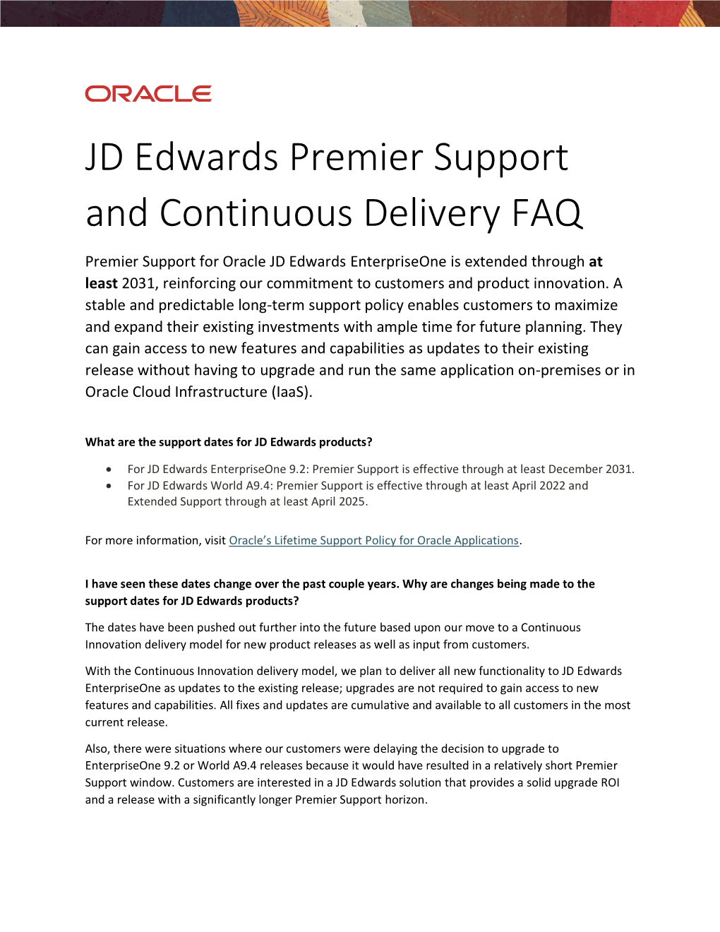 JD Edwards Premier Support and Continuous Delivery FAQ