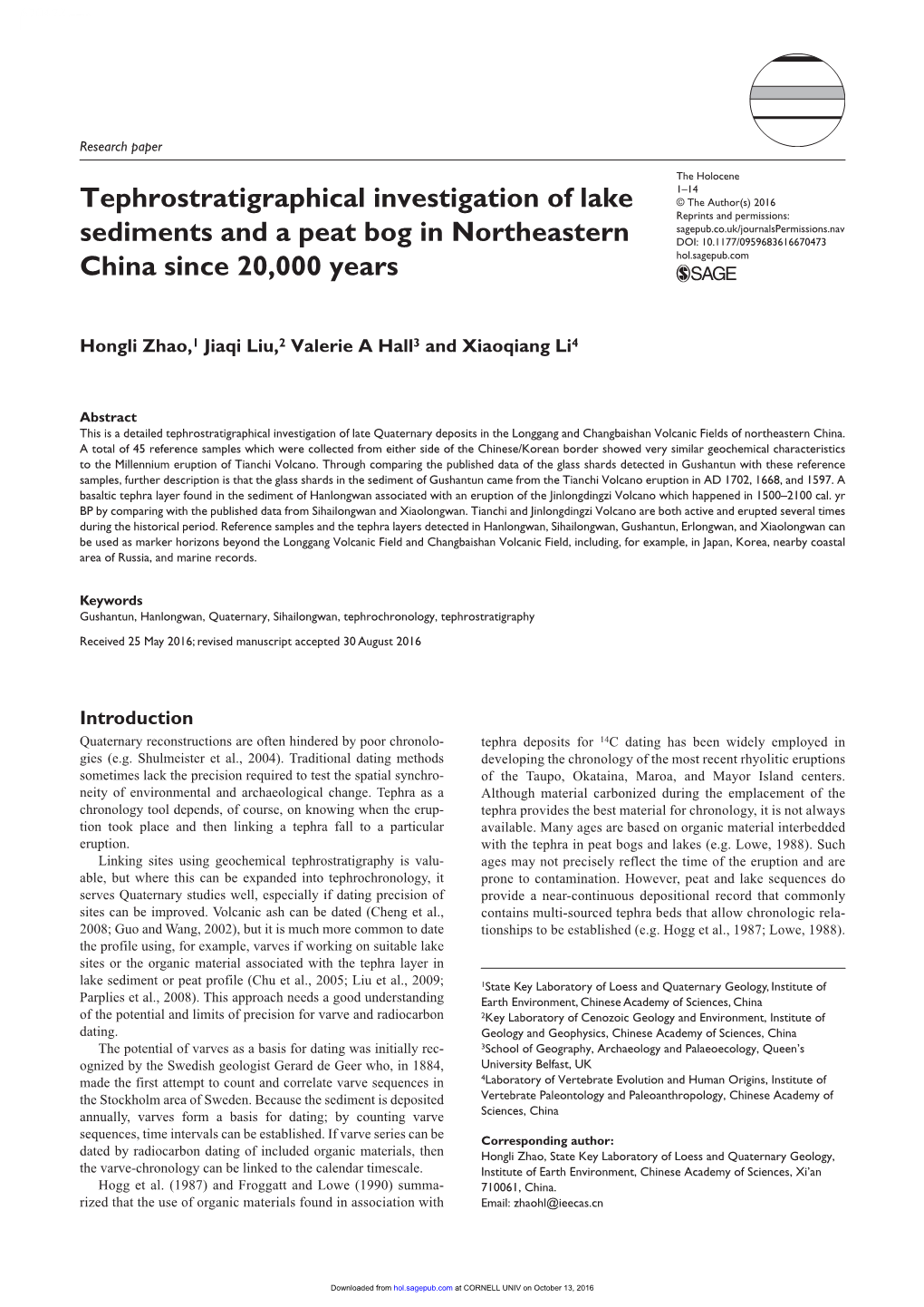 Tephrostratigraphical Investigation of Lake Sediments and a Peat Bog in Northeastern China Since 20,000 Years
