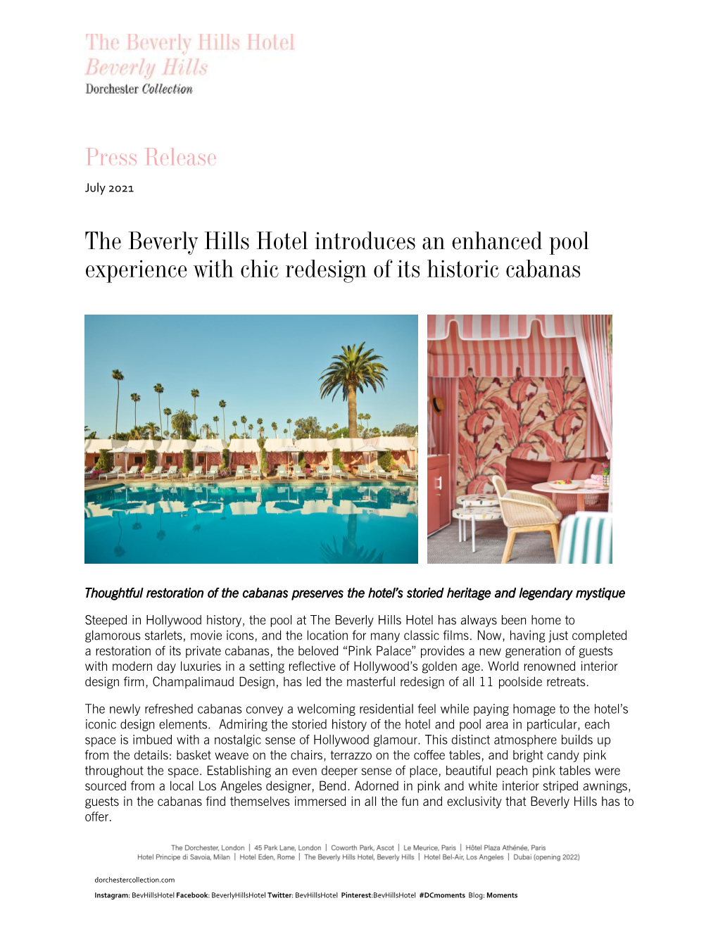 Press Release the Beverly Hills Hotel Introduces an Enhanced Pool
