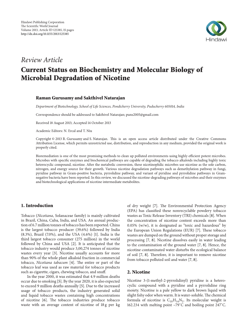 Review Article Current Status on Biochemistry and Molecular Biology of Microbial Degradation of Nicotine