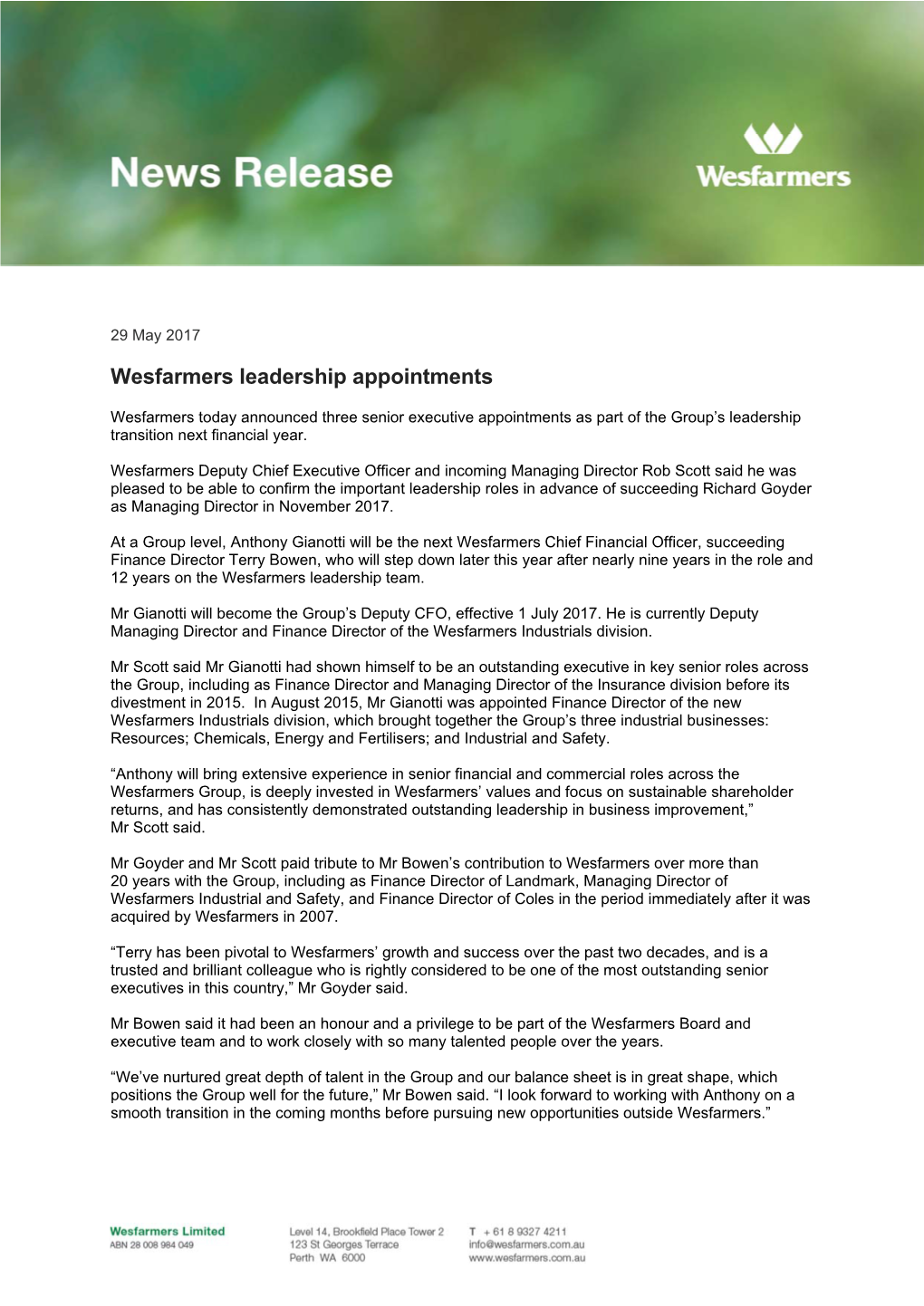 Wesfarmers Leadership Appointments