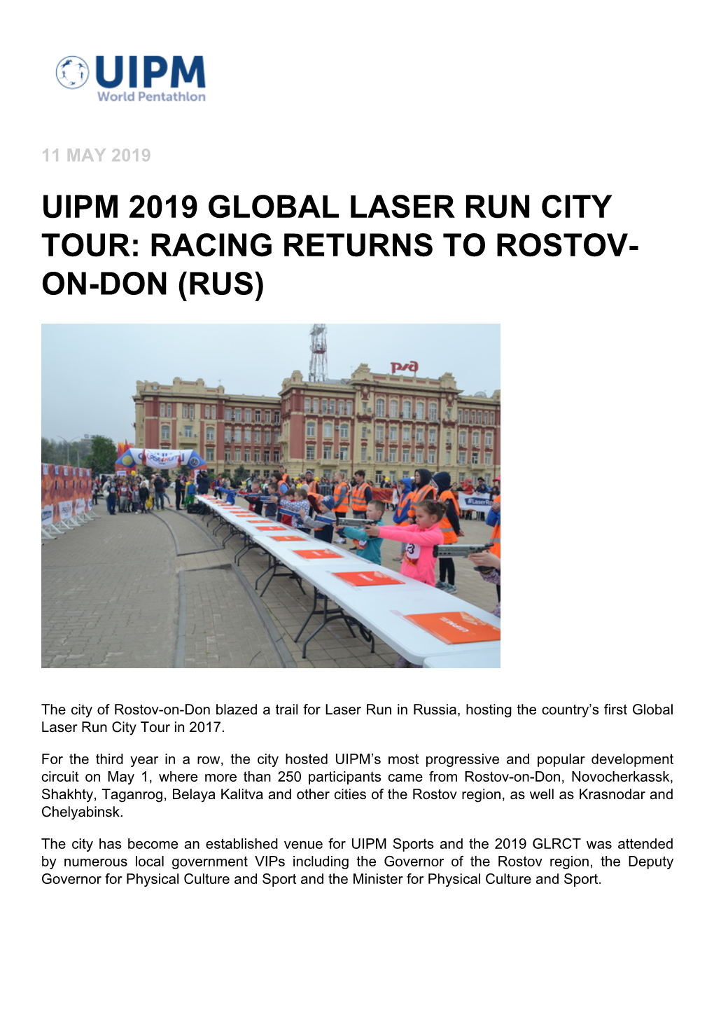 Uipm 2019 Global Laser Run City Tour: Racing Returns to Rostov- On-Don (Rus)