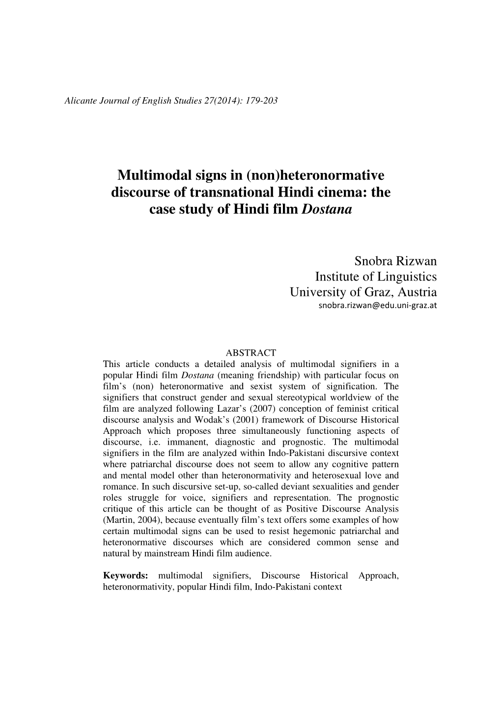 Multimodal Signs in (Non)Heteronormative Discourse of Transnational Hindi Cinema: the Case Study of Hindi Film Dostana