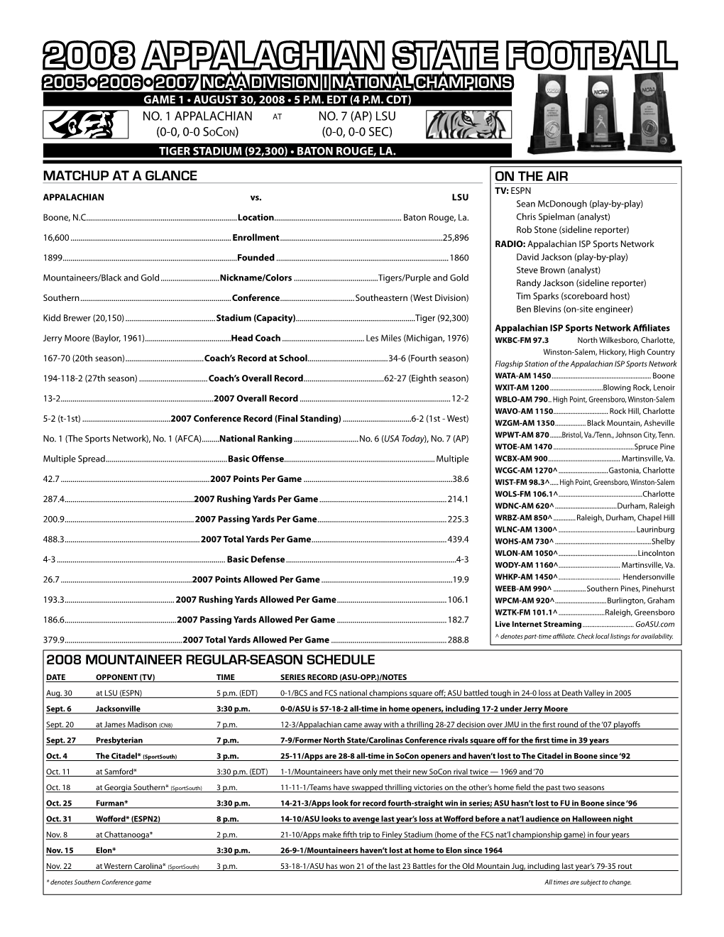 2008 Appalachian State Football 2005 • 2006 • 2007 Ncaa Division I National Champions Game 1 • August 30, 2008 • 5 P.M