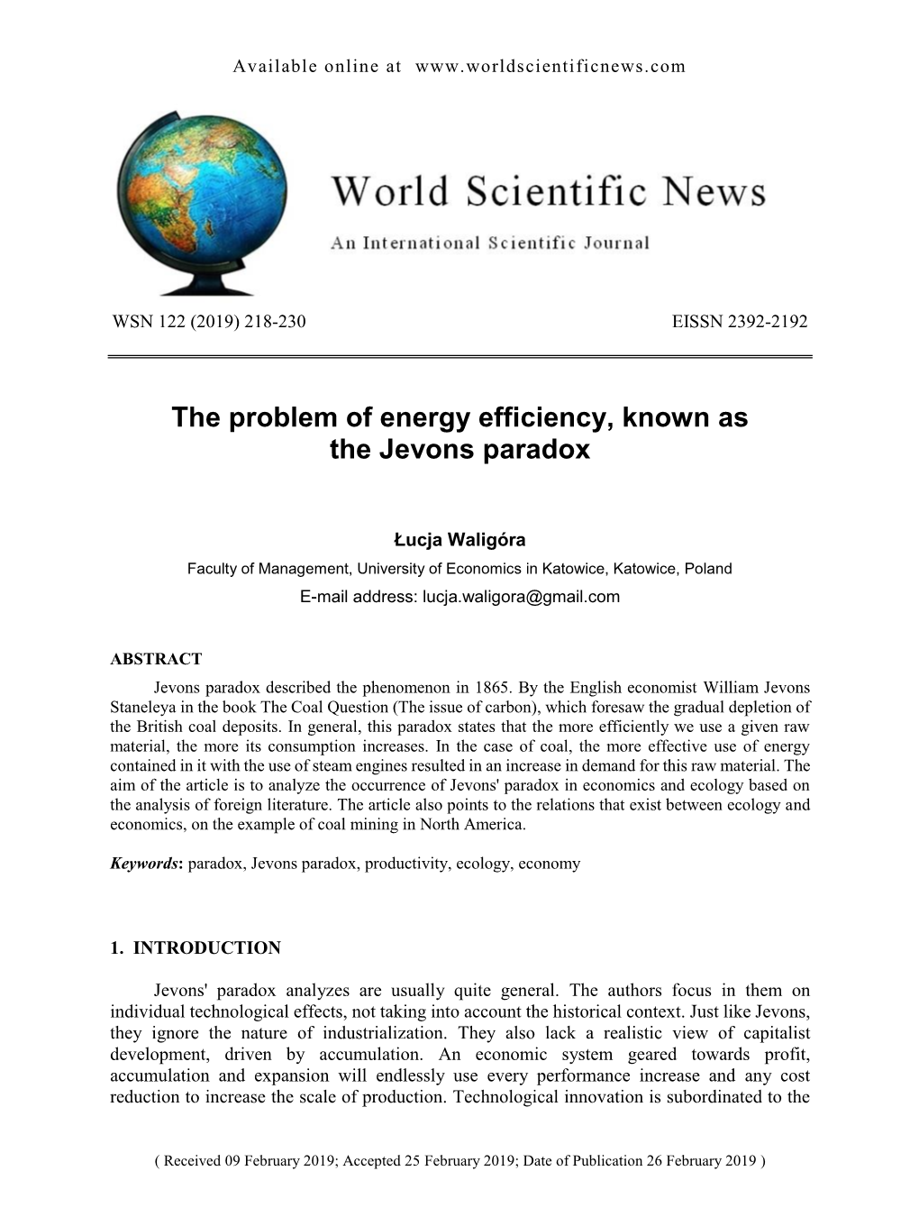 The Problem of Energy Efficiency, Known As the Jevons Paradox