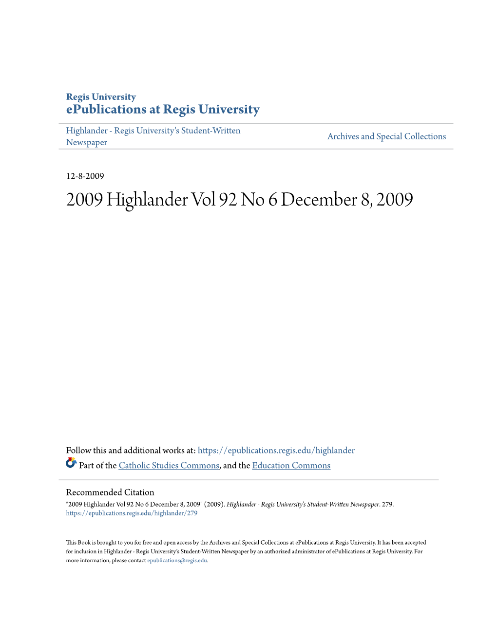 2009 Highlander Vol 92 No 6 December 8, 2009