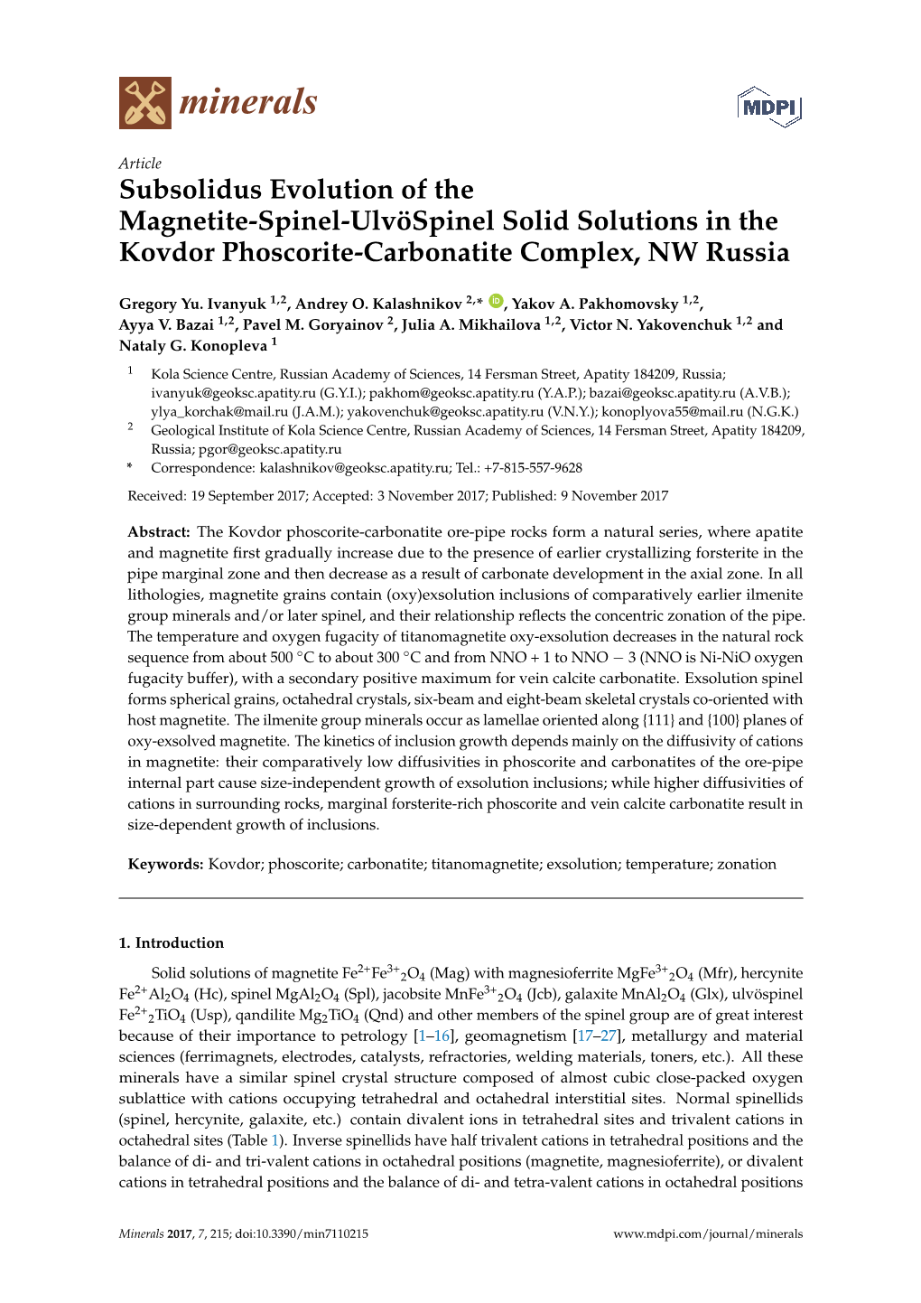 Subsolidus Evolution of the Magnetite-Spinel-Ulvöspinel Solid Solutions in the Kovdor Phoscorite-Carbonatite Complex, NW Russia