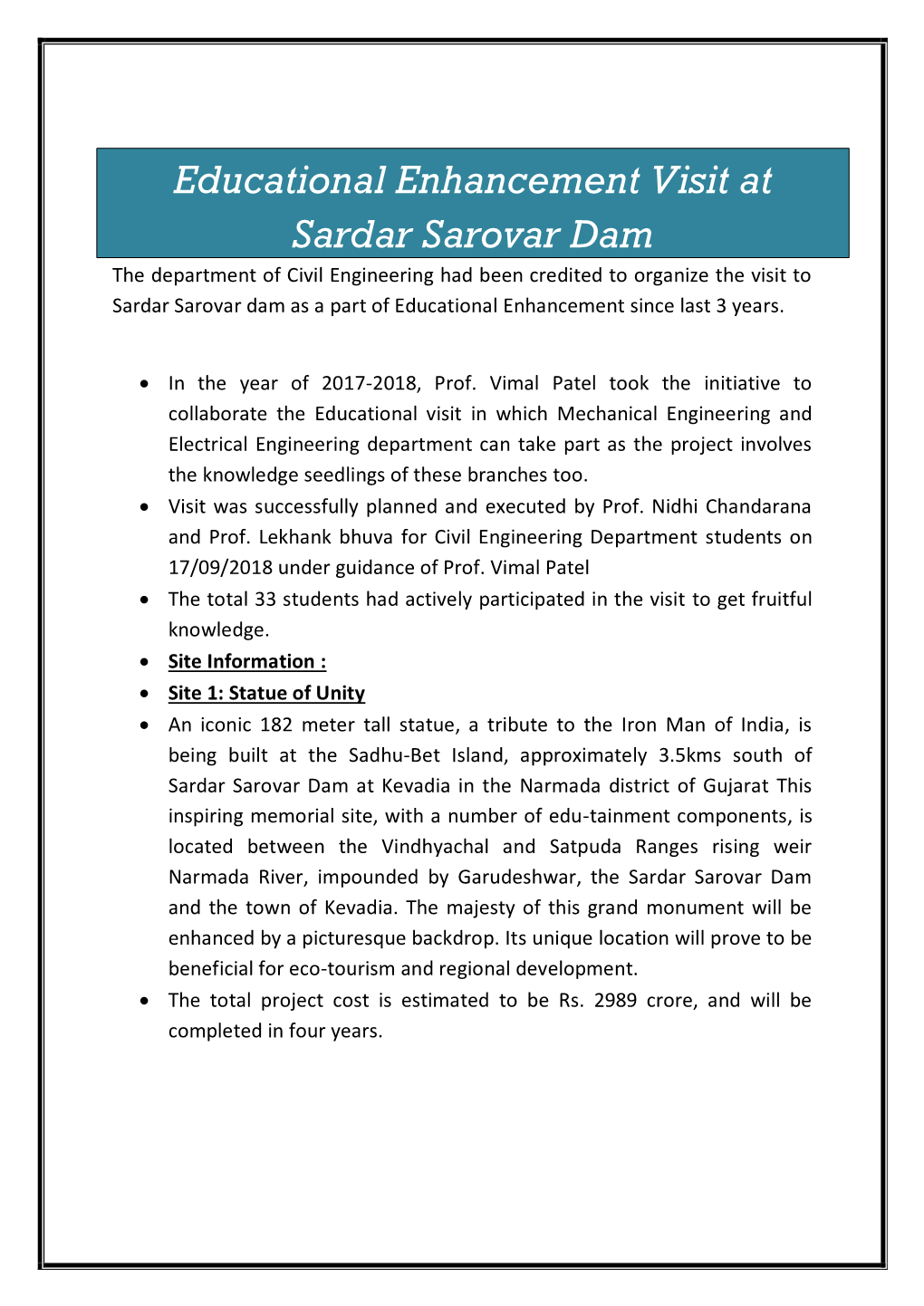 Educational Enhancement Visit at Sardar Sarovar